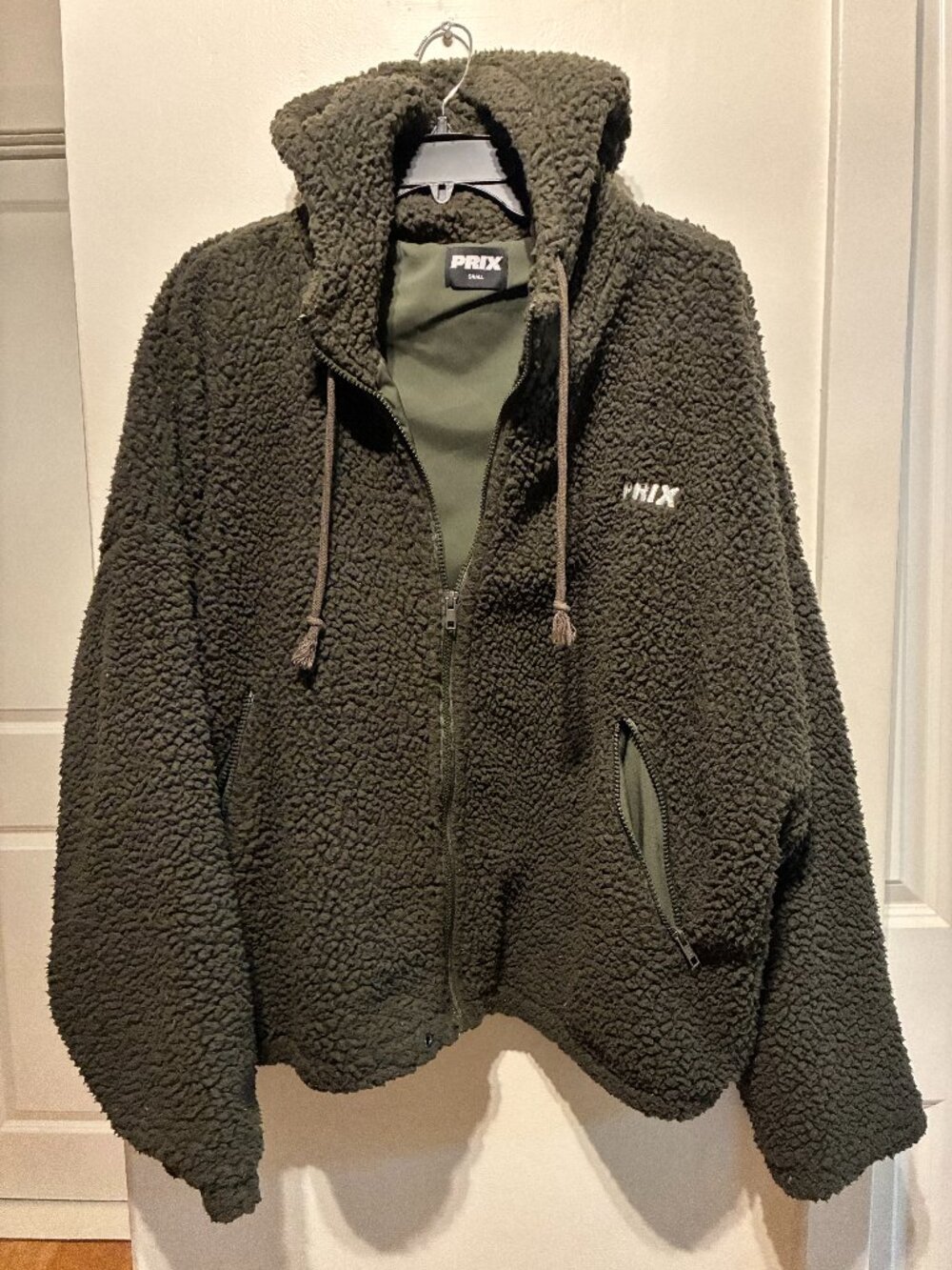 PRIX Sherpa Teddy Fleece Zip Hoodie Jacket Olive Green Small
